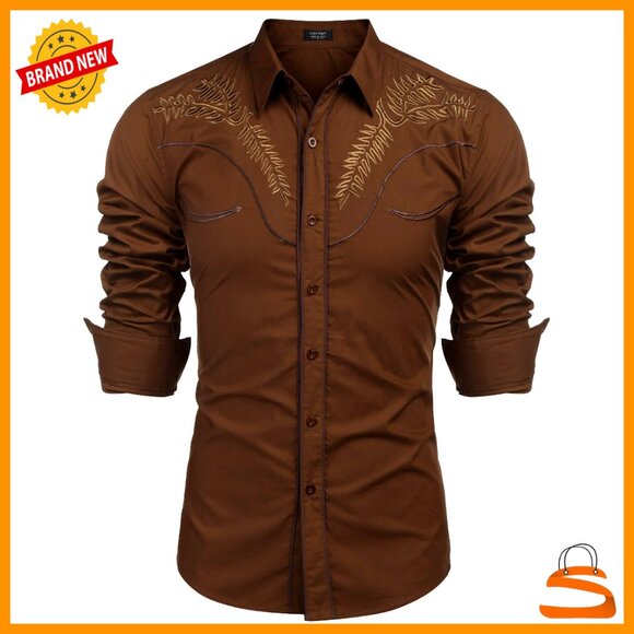 Embroidered Cowboy Shirt Long Sleeve Slim Fit Retro Western Casual Button Down
